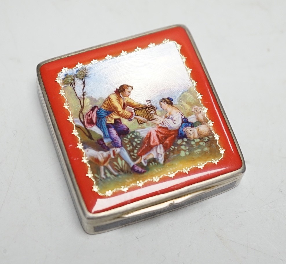 A German sterling white metal and enamelled square compact, 42mm.